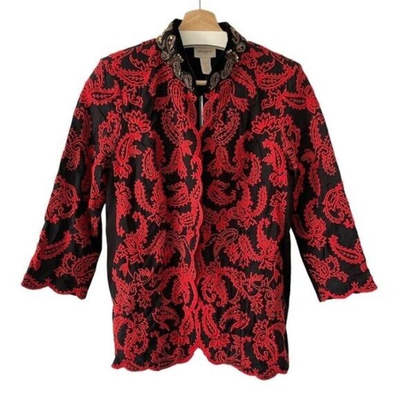 Chicos Collectibles Petite 0P Gold Beaded Black Red Paisley‎ Embroidered Jacket - Picture 7 of 16